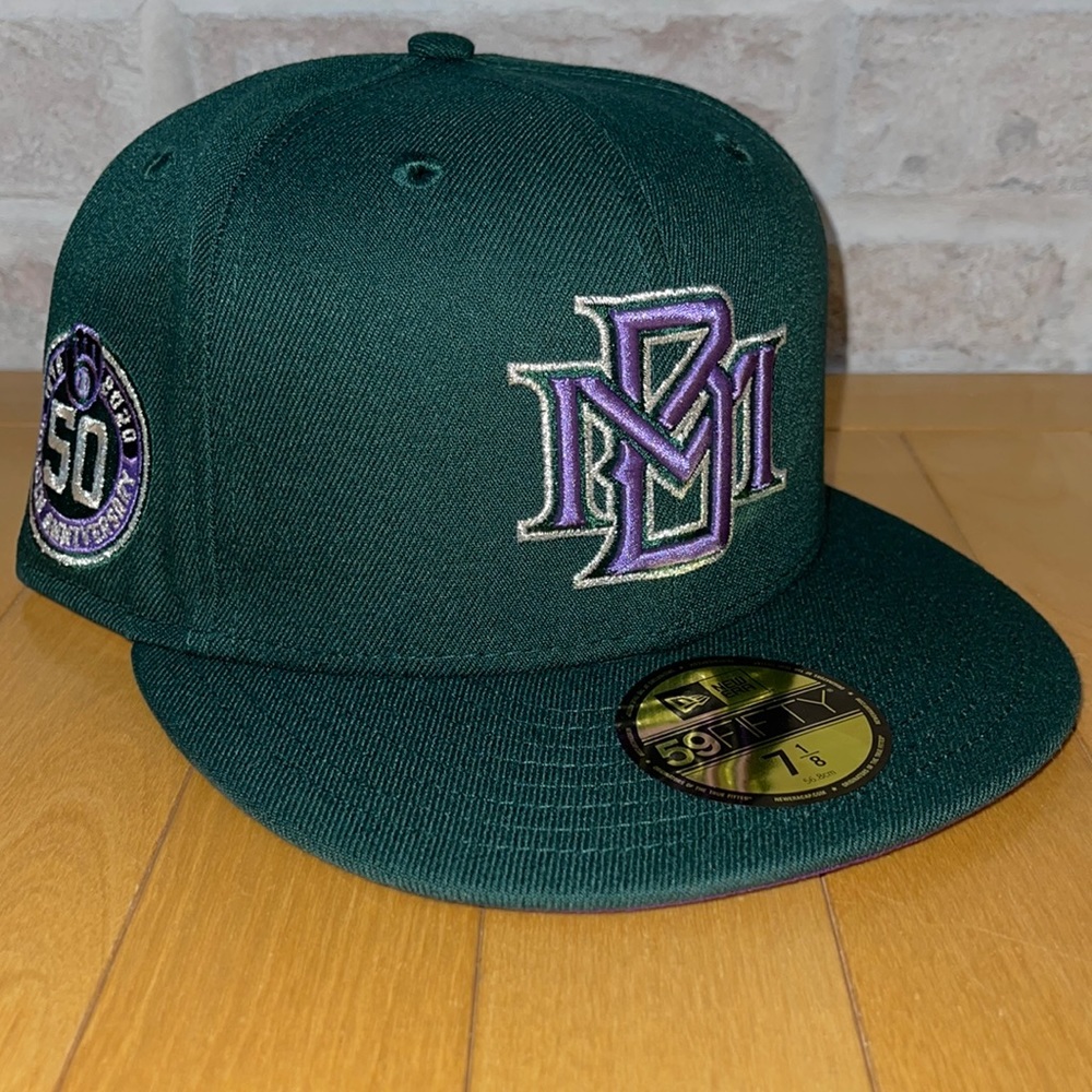 New Era 59Fifty Milwaukee Brewers Fitted Hat Size 7 1/8 Purple 50th Side Patch